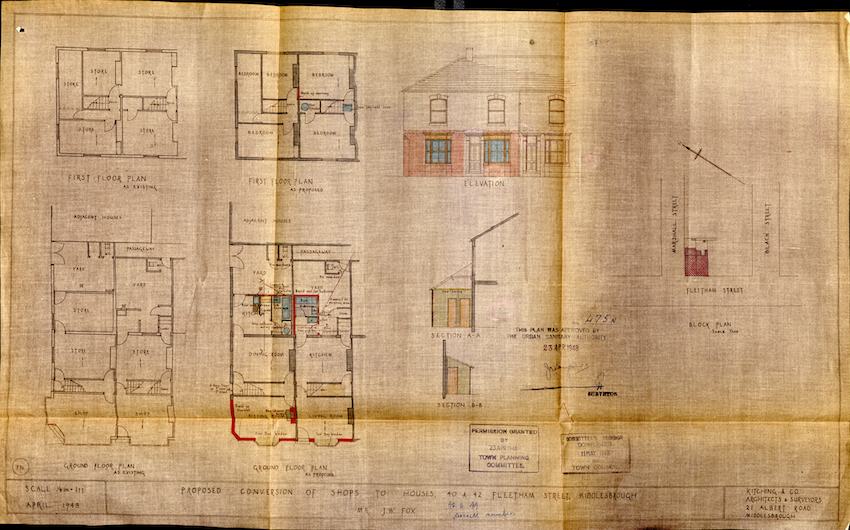 Drawings of planned conversion of shops and stores in Gresham into two houses, 1948 (Teesside Archives)