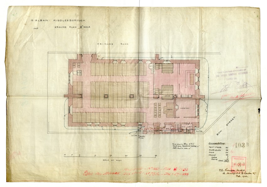 Floor plans from St Alban the Martyr Church planning application, 1902 (Teesside Archives)