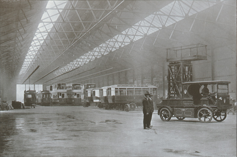 Interior view of Middlesbrough's tram depot on Parliament Road, 1922