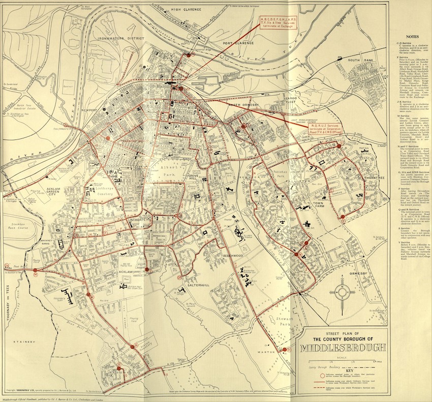 Middlesbrough Street Plan and bus routes from Middlesbrough Official Handbook, 1962 (Middlesbrough Libraries)