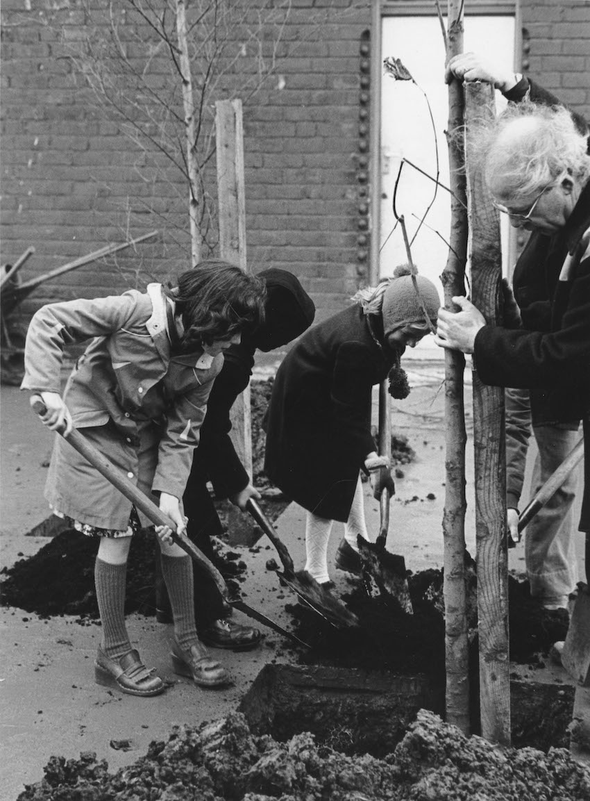 Plant a tree in '73' Campaign. Mayor of Middlesbrough, Cllr Bob Smith, plants first tree at Union Street, with the help of Fleetham Street School