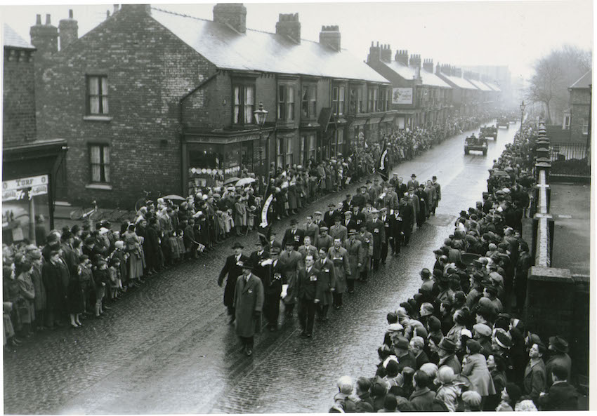 Veterans and soldiers from the Green Howards marching along Parliament Road. View looking towards Linthorpe Road - Dorman Museum.